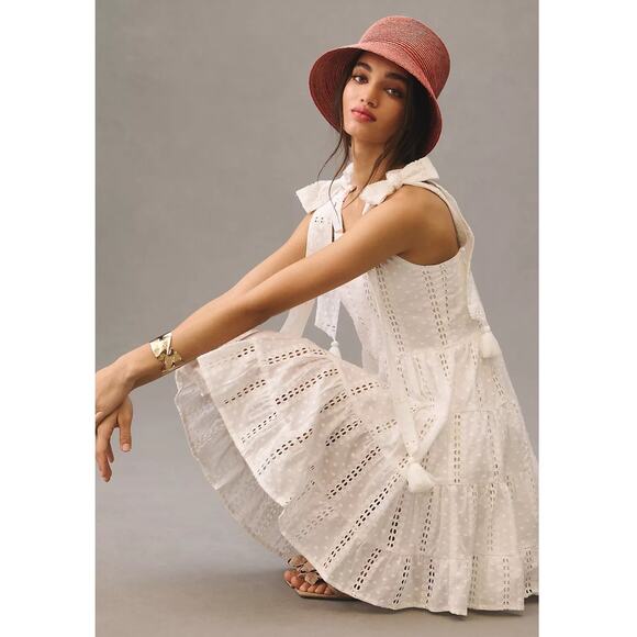 New Anthropologie Mille Shoulder-Tie Mini Dress $278 SMALL Cotton Eyelet Lace - Picture 1 of 5